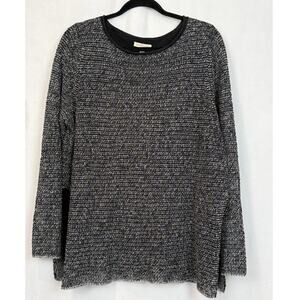 Eileen Fisher Organic Linen Open Knit Sweater Size L Black White Marled